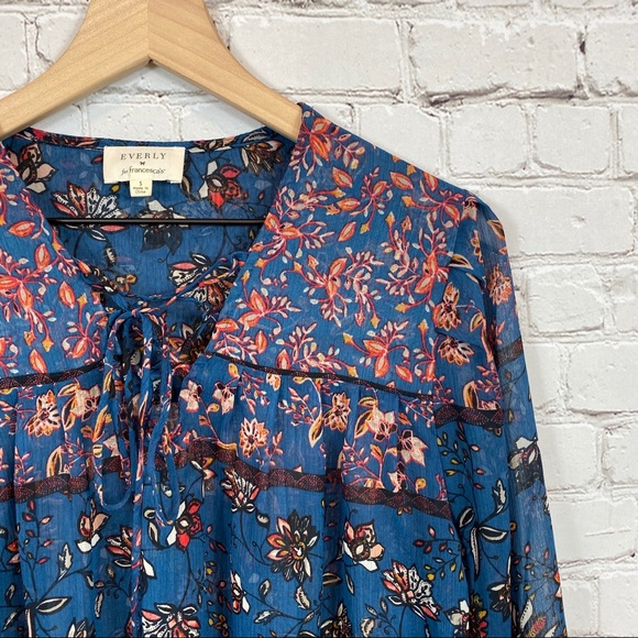 EVERLY Boho Lace Up Peasant Top S Blue - Picture 3 of 7